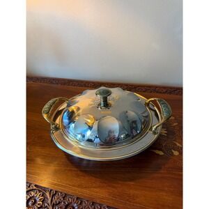 Vintage Italian INOX Stainless Steel Covered Dish, 24kt Gold Floral Accents 10"